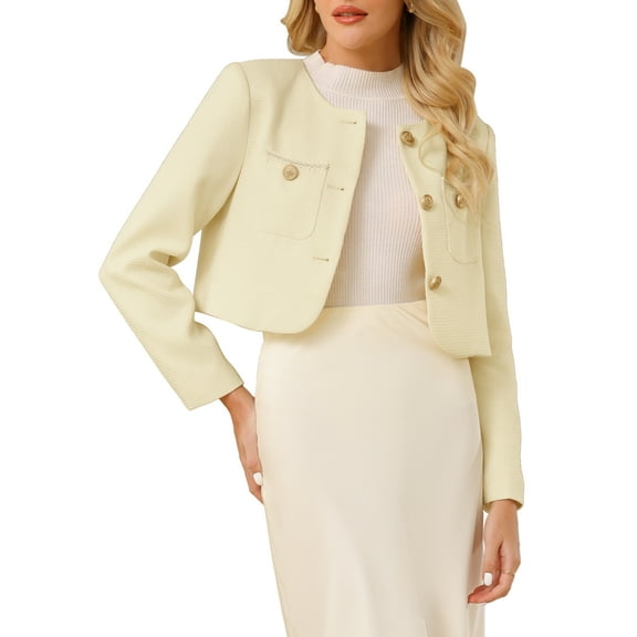 INSPIRE CHIC Women's Tweed Short Jacket Crewneck Button Down Long Sleeve Work Office Cropped Blazer L Beige