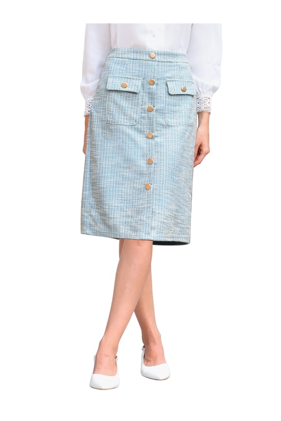 Women's Tweed Skirt High Waist Elegant Work Office Midi Pencil Skirts with Pocket S Light Blue