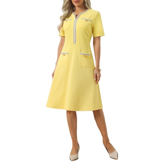 INSPIRE CHIC Women's Tweed Trim Dress with Pockets V Neck Short Sleeve A-Line Dress XL Light Yellow
