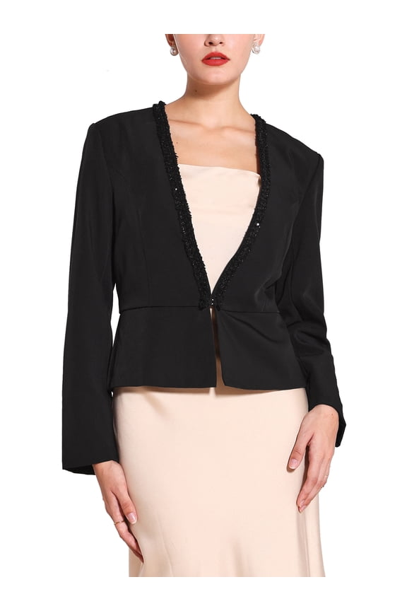 Women's Tweed Trim V Neck Blazer Long Sleeve Ruffle Formal Work Short Jacket M Black