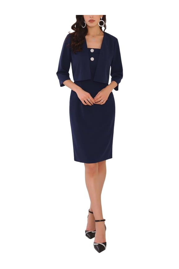 Women's Two Piece Outfits Open Front Cardigan Party Evening Wedding Guest Bodycon Dresses L Navy Blue