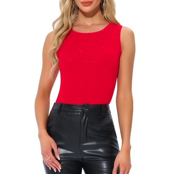 INSPIRE CHIC Women's Unitards Sleeveless Bodysuits Sparkly Crew Neck Slimming Thong Tops XL Red