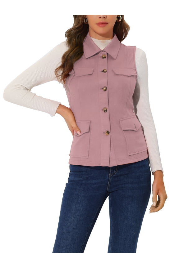 Women's Vest Button Front Sleeveless Faux Suede Utility Cargo Jacket with Pockets Pink L