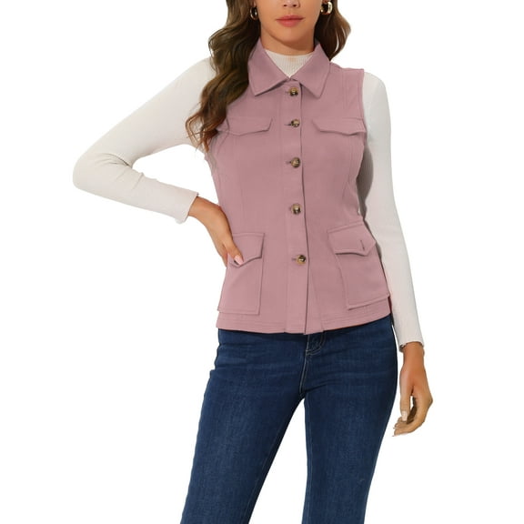 INSPIRE CHIC Women's Utility Cargo Vest Button Front Sleeveless Faux Suede Jacket with Pockets L Pink