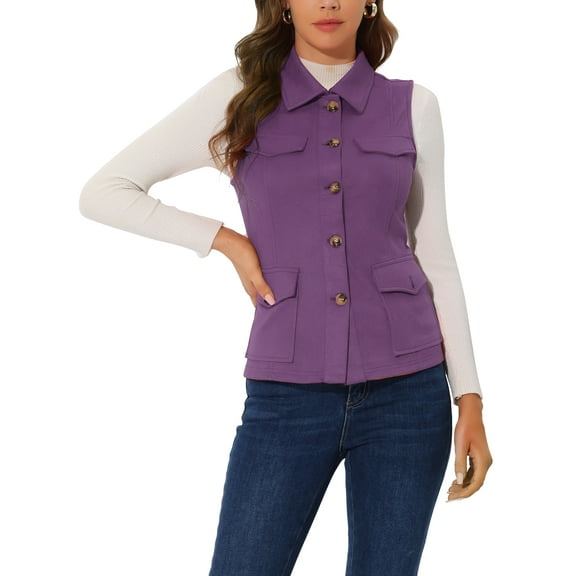 INSPIRE CHIC Women's Utility Cargo Vest Button Front Sleeveless Faux Suede Jacket with Pockets L Purple