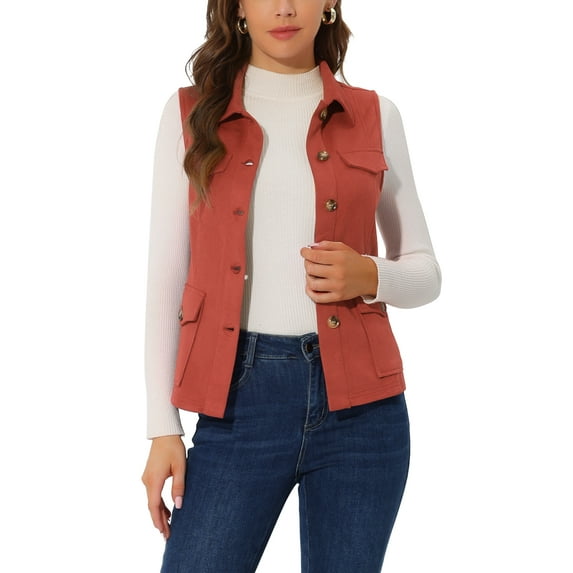 INSPIRE CHIC Women's Vest Button Front Sleeveless Faux Suede Utility Cargo Jacket with Pockets Reddish Brown XL