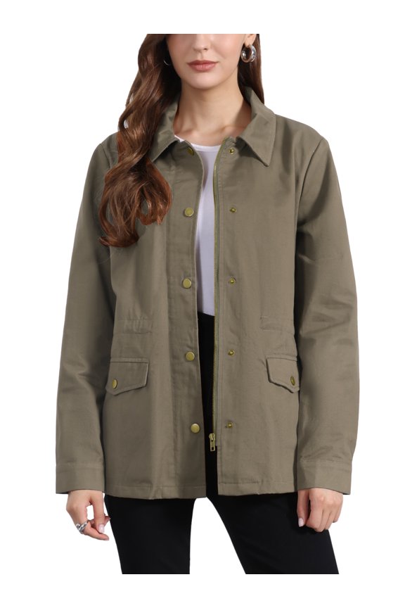 Women's Utility Jackets Drawstring Waist Flap Pocket Zip Button Jackets L Gray Army Green