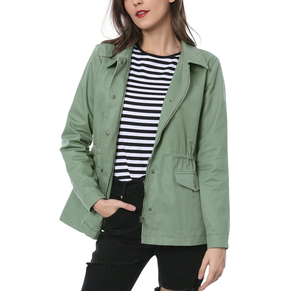 INSPIRE CHIC Women's Utility Jackets Drawstring Waist Flap Pocket Zip Button Jackets Light Green L
