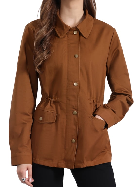 Women's Utility Jackets Drawstring Waist Flap Pocket Zip Button Jackets Caramel M