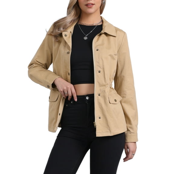 INSPIRE CHIC Women's Utility Jackets Drawstring Waist Flap Pocket Zip Button Jackets M Tan Khaki