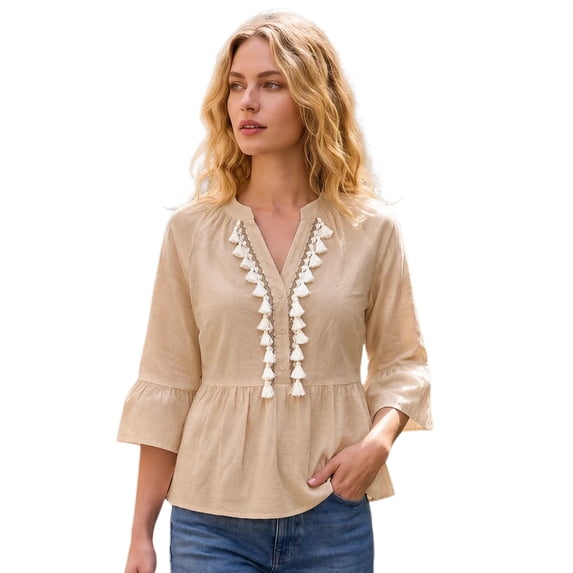 INSPIRE CHIC Women's V Neck Front Tassel Ornaments Fringe 3/4 Sleeve Top L Khaki