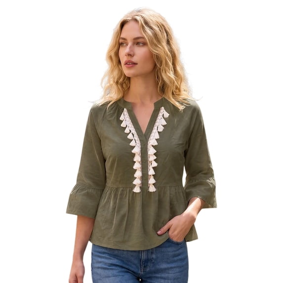 INSPIRE CHIC Women's V Neck Front Tassel Ornaments Fringe 3/4 Sleeve Top L Olive Green