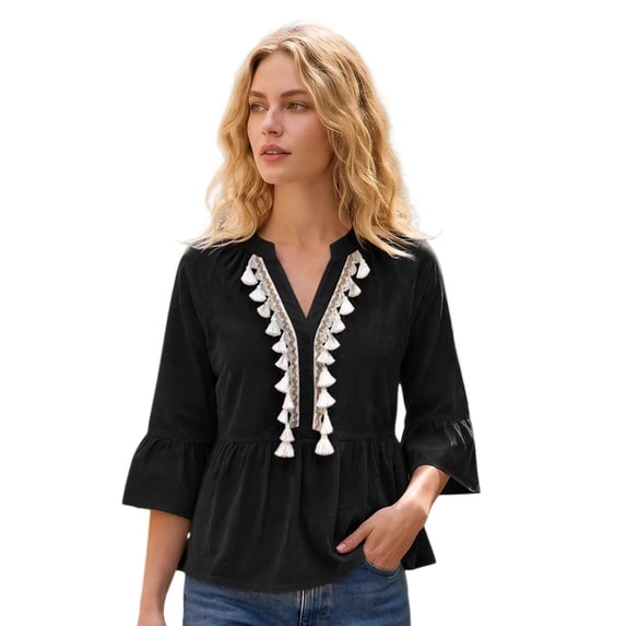 INSPIRE CHIC Women's V Neck Front Tassel Ornaments Fringe 3/4 Sleeve Top S Black