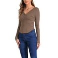 thumbnail image 1 of INSPIRE CHIC Women's V Neck Button Down Long Sleeve Fitted Ribbed Knit Henley Shirts XL Brown, 1 of 6