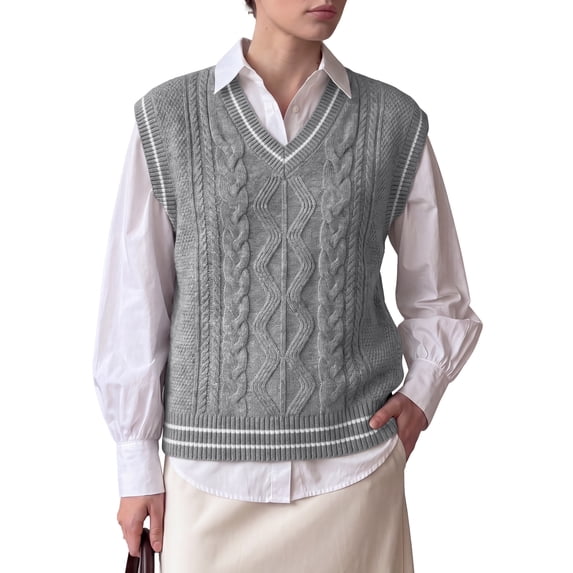 INSPIRE CHIC Women's V Neck Cable Knit Sweater Vests Sleeveless Contrast Trim Regular Fit Casual Vintage Medium Grey