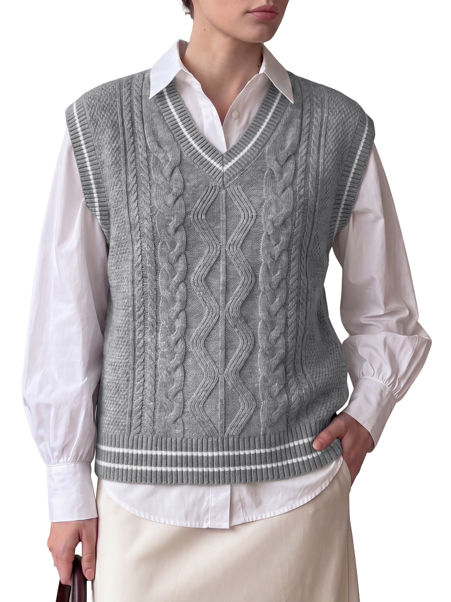INSPIRE CHIC Women's V Neck Cable Knit Sweater Vests Sleeveless Contrast Trim Regular Fit Casual Vintage Small Grey