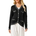 thumbnail image 1 of INSPIRE CHIC Women's V Neck Cardigan Sweater Long Sleeve Contrast Trim Knit Ribbed Jacket 2XL Black, 1 of 5