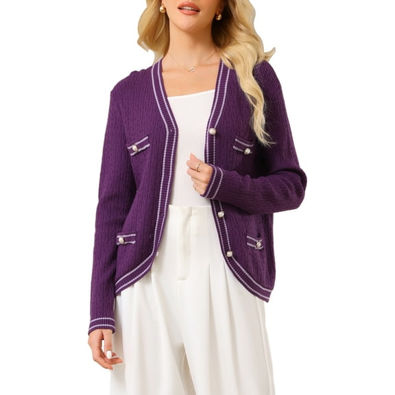 INSPIRE CHIC Women's V Neck Cardigan Sweater Long Sleeve Contrast Trim Knit Ribbed Jacket M Purple