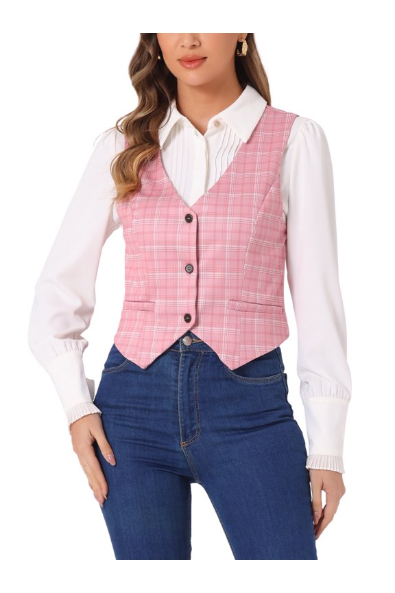 Women's V Neck Cinched Waist Button Asymmetric Stretchy Plaid Sleeveless Jacket M Pink