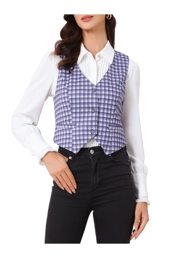 Women's V Neck Cinched Waist Button Asymmetric Stretchy Plaid Sleeveless Jacket S Purple