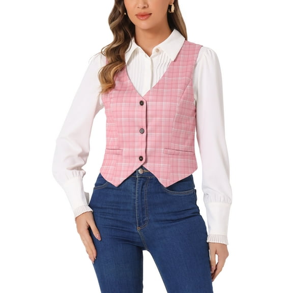 INSPIRE CHIC Women's  V Neck Cinched Waist Button Asymmetric Stretchy Plaid Sleeveless Jacket XS Pink
