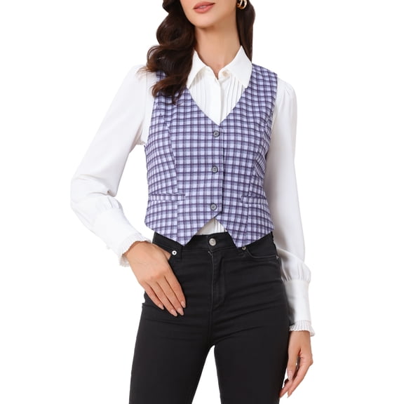 INSPIRE CHIC Women's  V Neck Cinched Waist Button Asymmetric Stretchy Plaid Sleeveless Jacket XS Purple