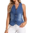 thumbnail image 1 of INSPIRE CHIC Women's Denim Vest V Neck Sleeveless Button Down Jean Waistcoat Casual Jacket L Blue, 1 of 6