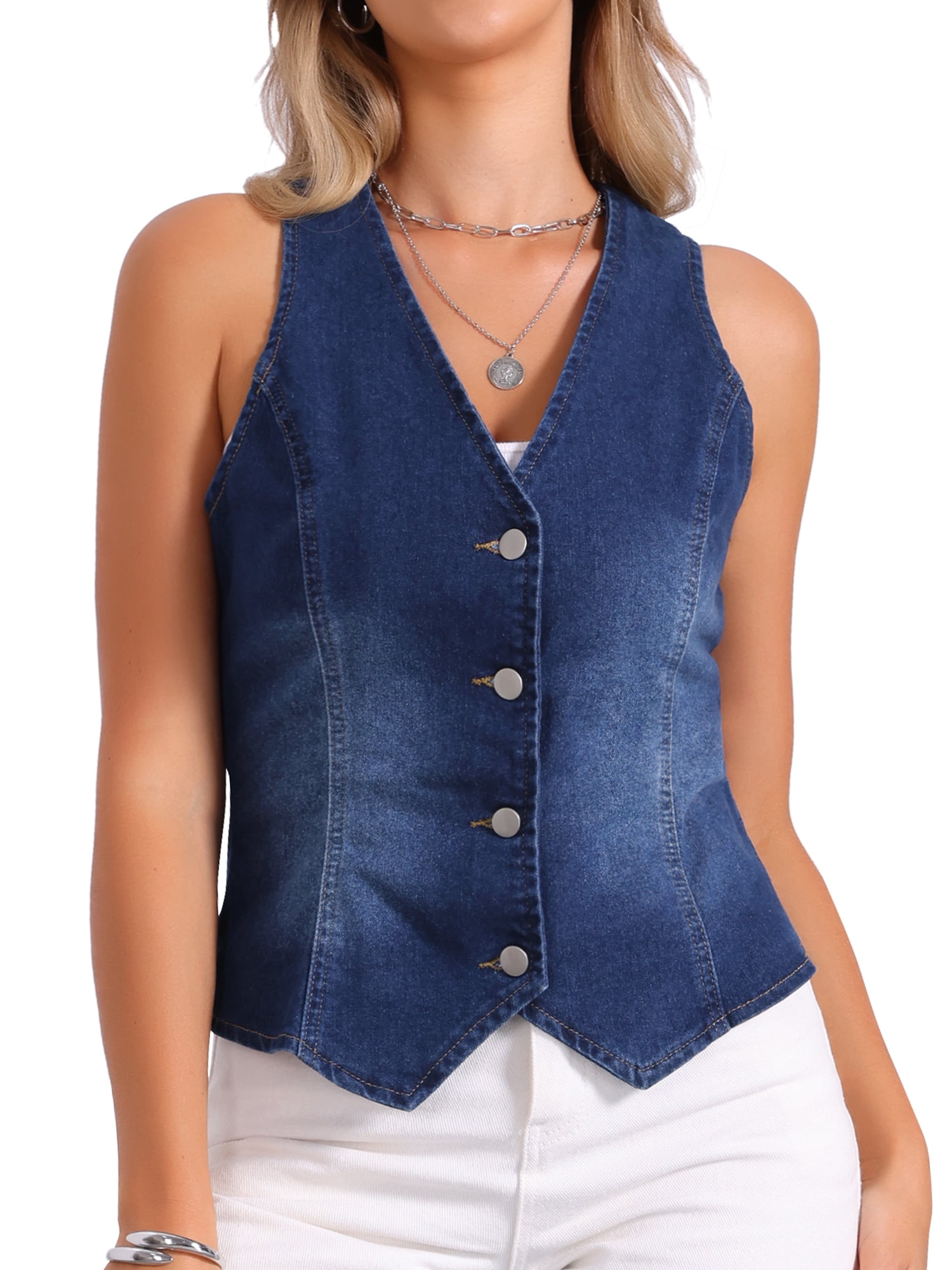 INSPIRE CHIC Women's Denim Vest V Neck Button Down Sleeveless Jean — free download