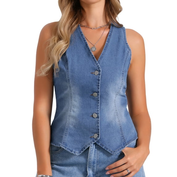 INSPIRE CHIC Women's Denim Vest V Neck Sleeveless Button Down Jean Waistcoat Casual Jacket Light Blue XS