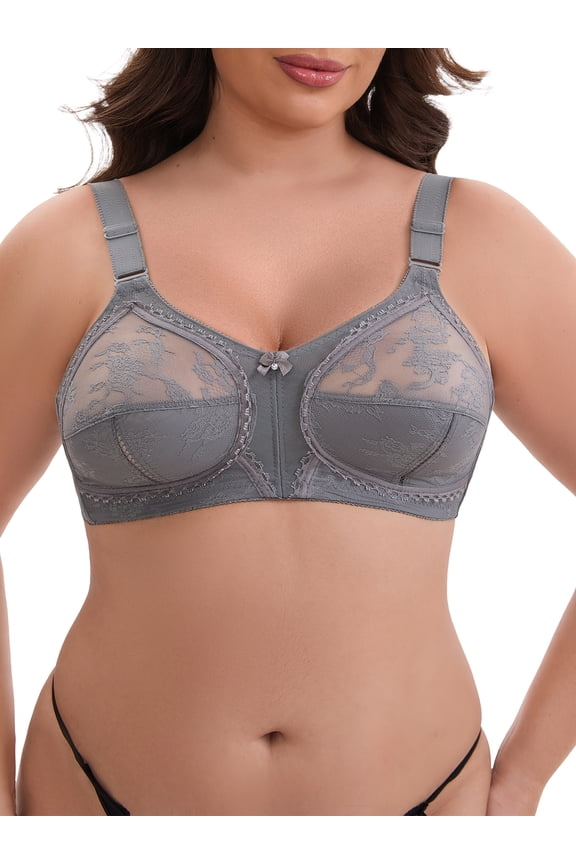 Women's V-Neck Full Cup Wireless Adjustable Straps Bralette Lace Mesh Back Double Breasted Everyday Bras 36C Grey