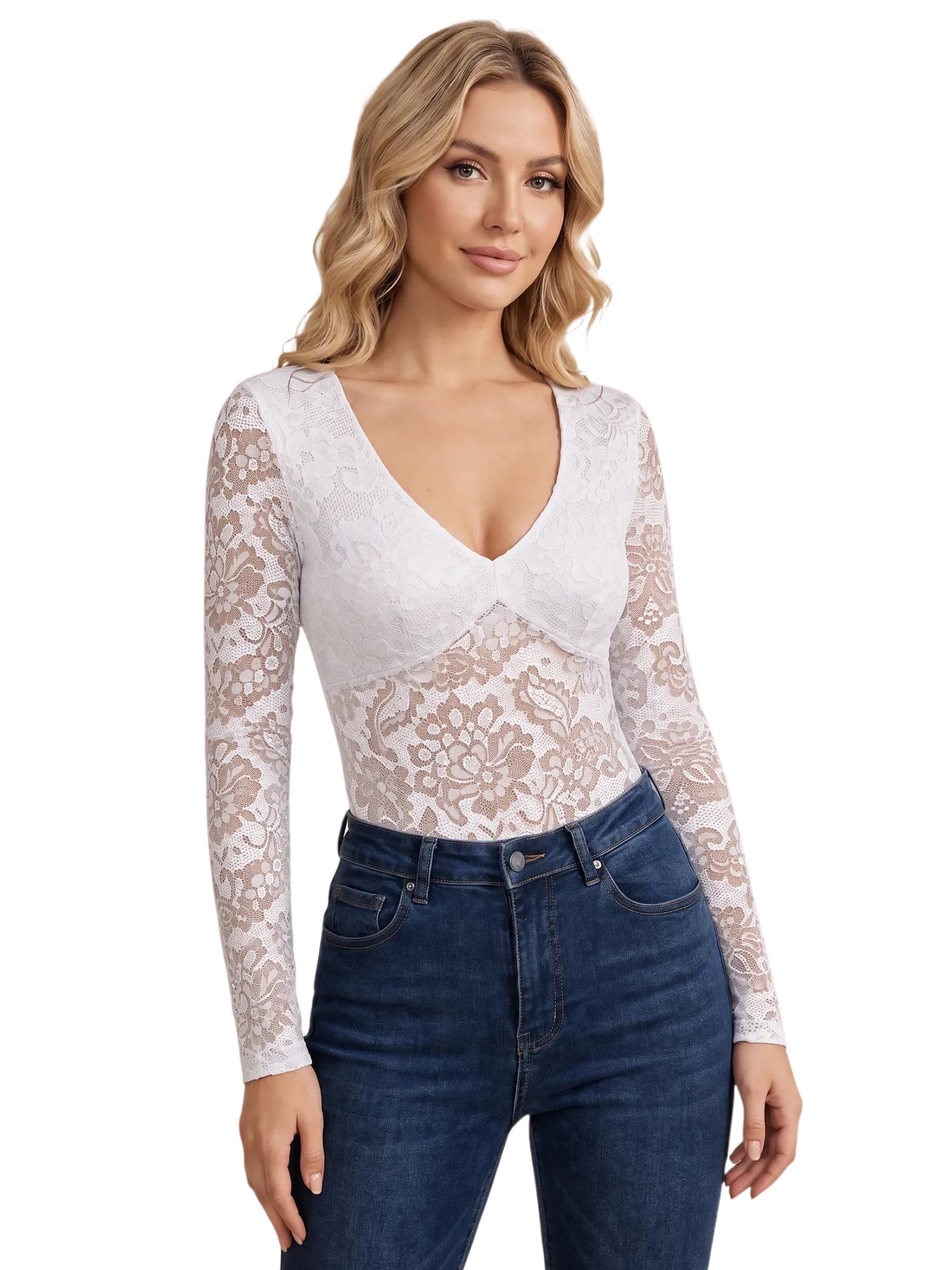 INSPIRE CHIC Women's V Neck Long Sleeve Hollow Lace Bodysuit S Cream