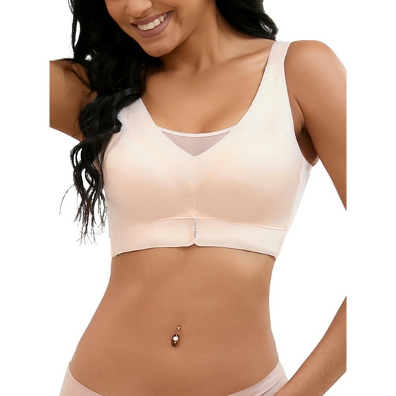 INSPIRE CHIC Women's V-Neck Mesh Minimizers Bras Wirefree Adjustable Straps U Back Lingerie S Beige