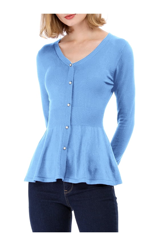 Women's V Neck Peplum Sweater Ribbed Knit Long Sleeve Casual Pullover XS Sky Blue