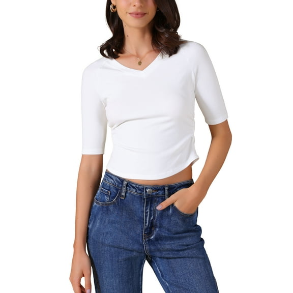 INSPIRE CHIC Women's V Neck Shirt Short Sleeve Top Stretchy Lightweight Basic Casual T-Shirt Tops M White