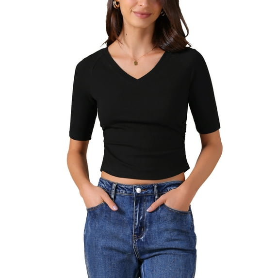 INSPIRE CHIC Women's V Neck Shirt Short Sleeve Top Stretchy Lightweight Basic Casual T-Shirt Tops XS Black