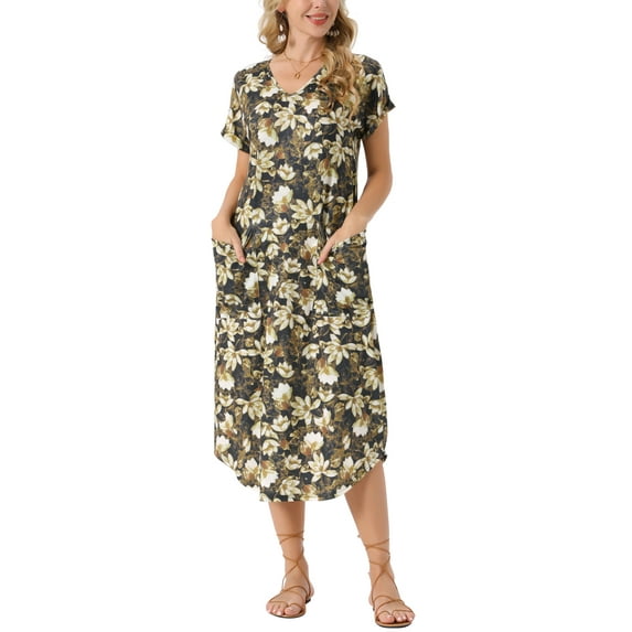 INSPIRE CHIC Women's V Neck Short Sleeve Summer Casual Loose with Pockets Floral Midi Dress S Yellow