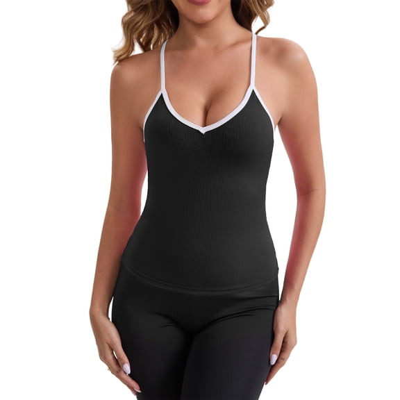 INSPIRE CHIC Women's V-Neck Spaghetti Straps Tank Top Slim Fit Solid Elastic Cropped Athletic Camisoles XL Black