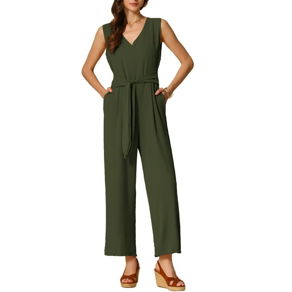 INSPIRE CHIC Wide Leg Jumpsuit for Women's V Neck Casual Sleeveless Romper S Army Green