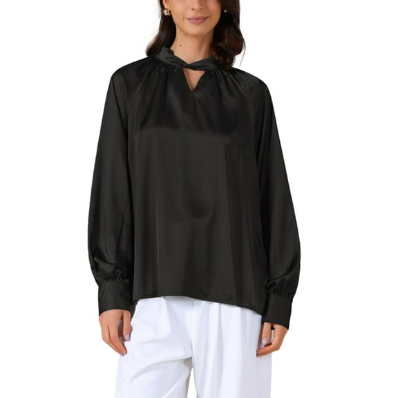 INSPIRE CHIC Women's V Neck Tops Satin Silk Long Sleeves Elegant Blouse S Black