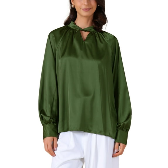 INSPIRE CHIC Women's V Neck Tops Satin Silk Long Sleeves Elegant Blouse S Green