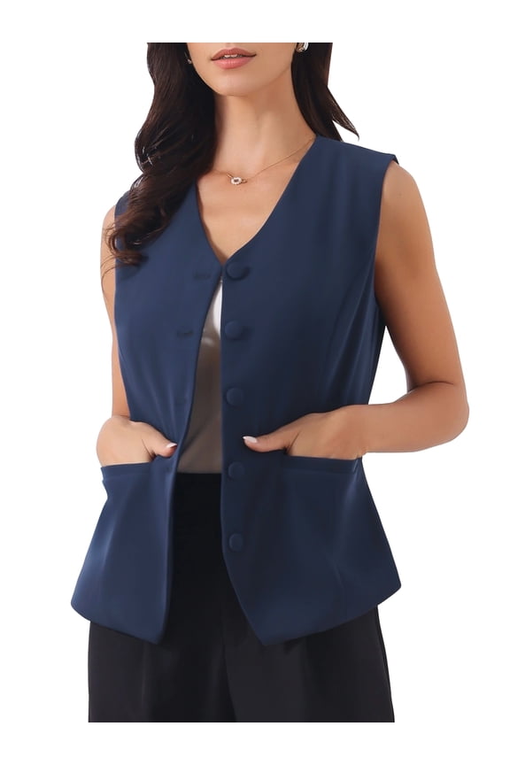 Women's V Neck Waistcoat 2026 Button Down Office Vest with Pockets M Dark Blue