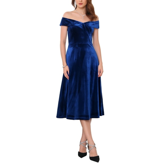 INSPIRE CHIC Women's Velvet Dress Off the Shoulder Vintage Cocktail Evening A-Line Dresses L Royal Blue