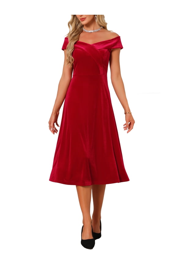 Women's Velvet Dress Off the Shoulder Vintage Cocktail Evening A-Line Dresses M Red