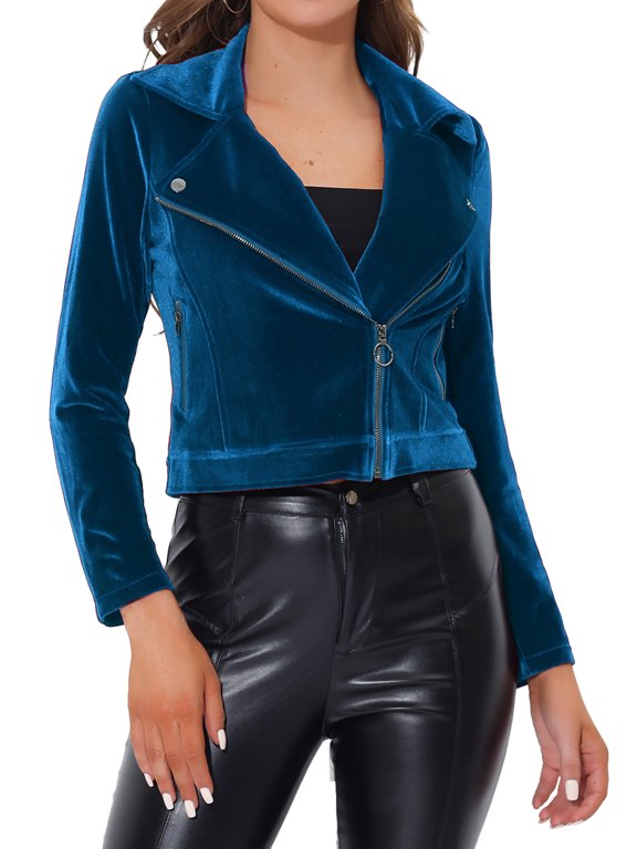 Women's Velvet Notched Lapel Zipper Cropped Motorcycle Jacket S Peacock Blue