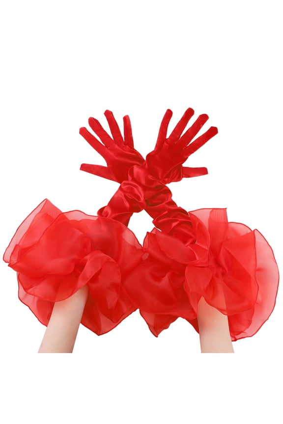 Women's Velvet Opera Gloves Tulle Puff Oversized Ruffled Long Gloves for Party One Size Red
