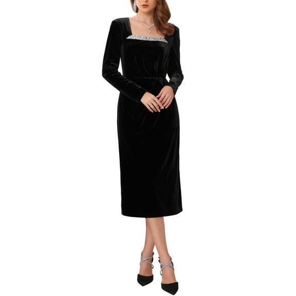 INSPIRE CHIC Women's Velvet Ruched Dress Square Neck Long Sleeve Formal Evening Cocktail Midi Dresses S Black