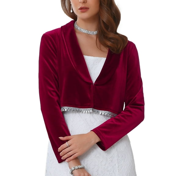 INSPIRE CHIC Women's Velvet Shrug for Dresses Evening Long Sleeve Sparkle Trim Bridal Wedding Elegant Cocktail Bolero L Burgundy