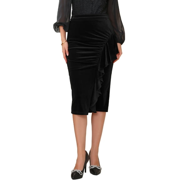 INSPIRE CHIC Women's Velvet Skirt Ruched High Waist Bodycon Formal Evening Cocktail Midi Pencil Skirts S Black