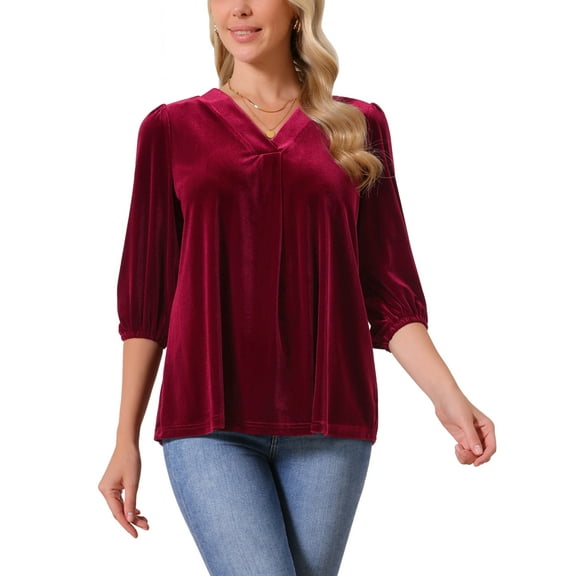 INSPIRE CHIC Women's Velvet Tops V Neck 3/4 Puff Sleeve Fall Winter Trendy Casual Tunic Blouse Loose T-Shirt S Wine Red