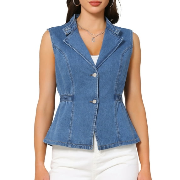 INSPIRE CHIC Women's Vest Denim Button Down Notched Lapel Collar Elastic Waist Jean Sleeveless Jackets XL Blue
